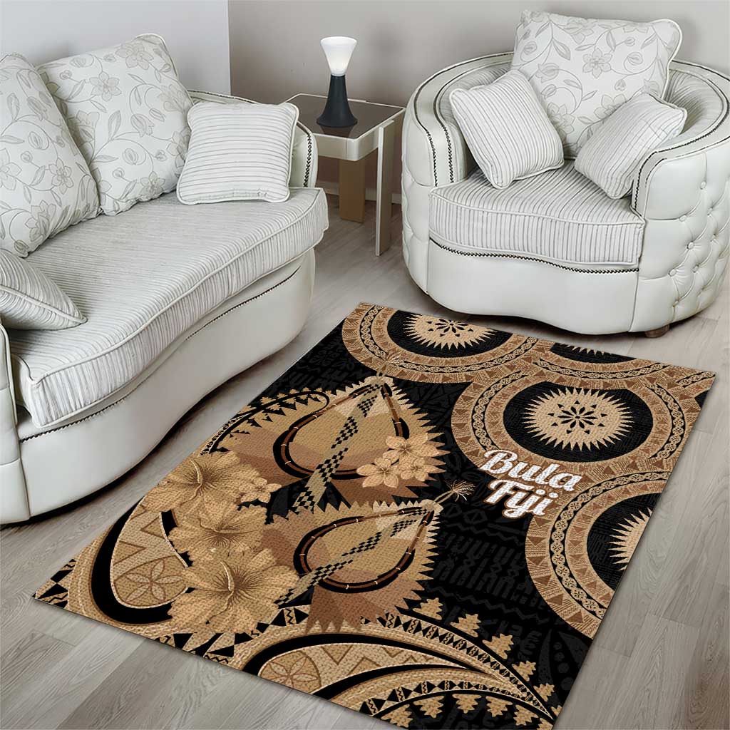 Black Bula Fiji Area Rug Fijian Dance Fan Tapa Cloth Pattern