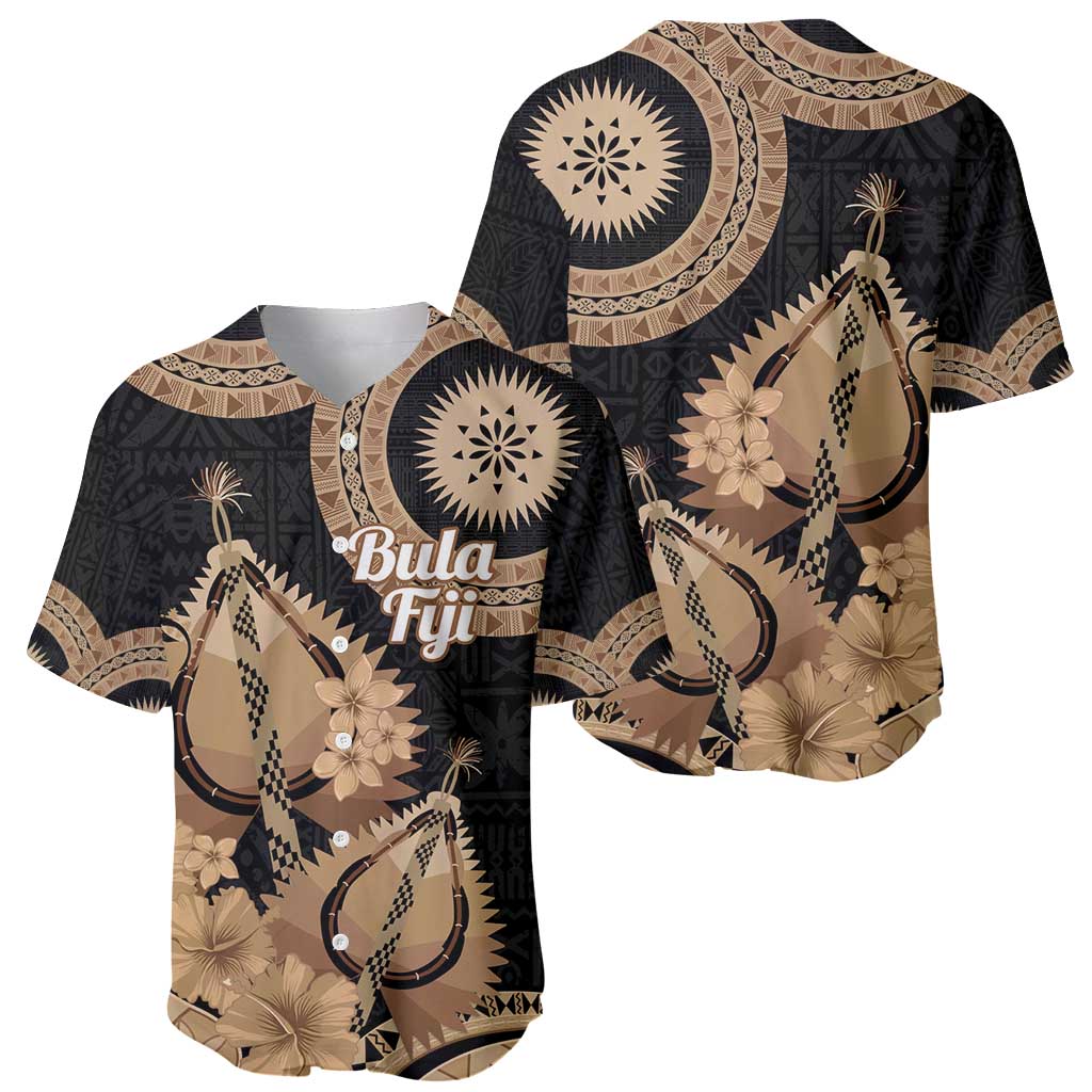 Black Bula Fiji Baseball Jersey Fijian Dance Fan Tapa Cloth Pattern