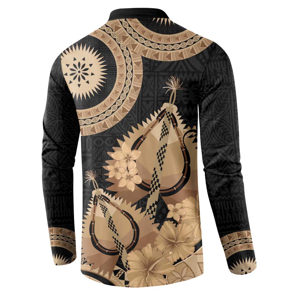 Black Bula Fiji Button Sweatshirt Fijian Dance Fan Tapa Cloth Pattern