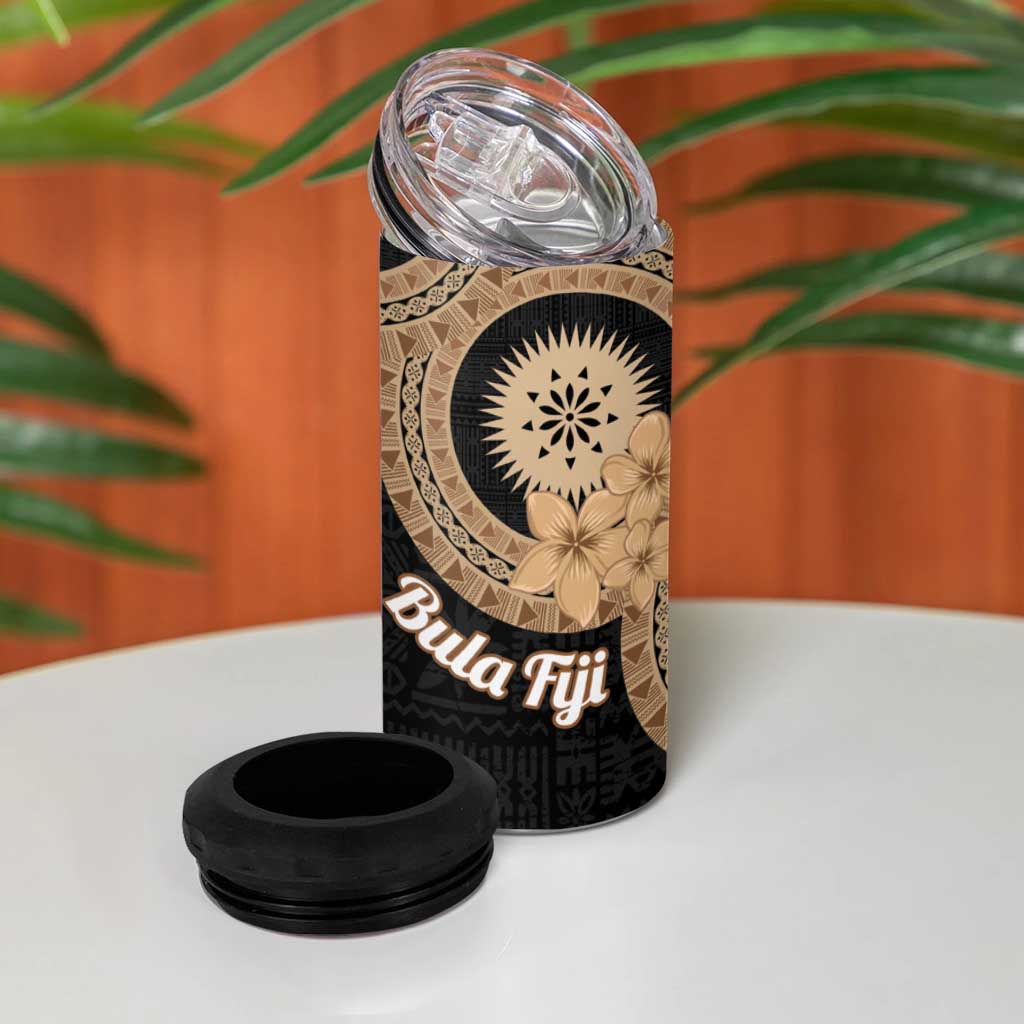 Black Bula Fiji 4 in 1 Can Cooler Tumbler Fijian Dance Fan Tapa Cloth Pattern