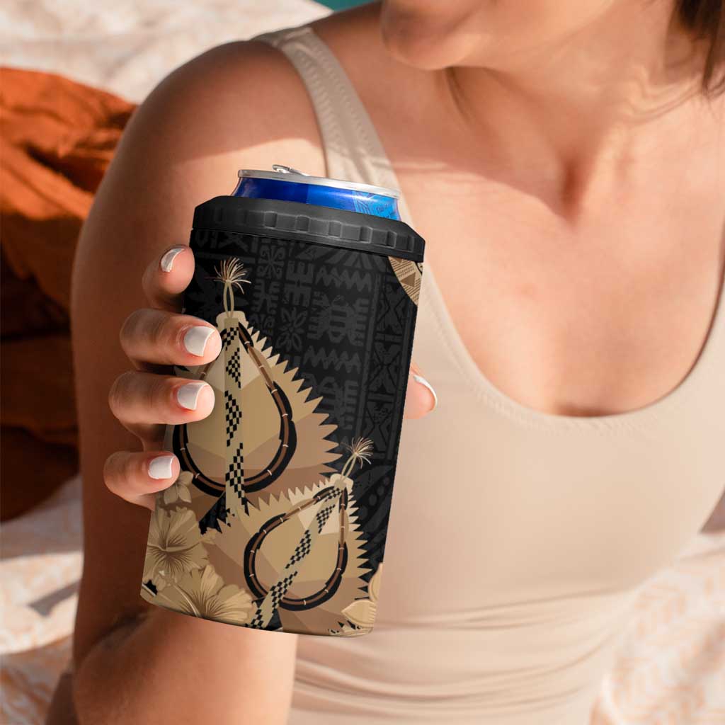 Black Bula Fiji 4 in 1 Can Cooler Tumbler Fijian Dance Fan Tapa Cloth Pattern