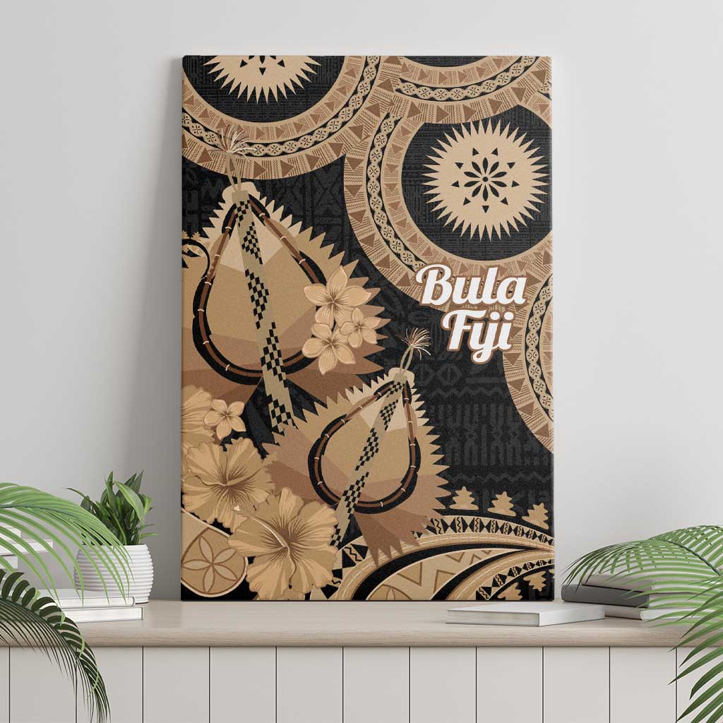 Black Bula Fiji Canvas Wall Art Fijian Dance Fan Tapa Cloth Pattern