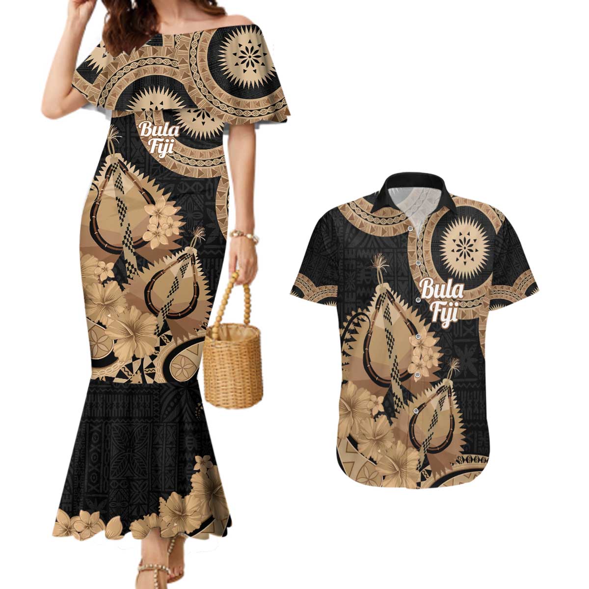 Black Bula Fiji Couples Matching Mermaid Dress and Hawaiian Shirt Fijian Dance Fan Tapa Cloth Pattern