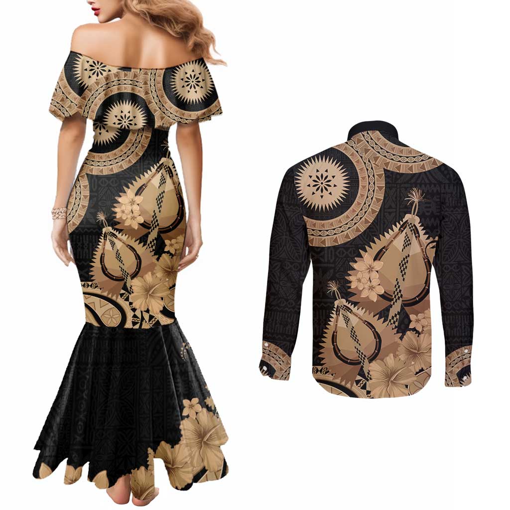Black Bula Fiji Couples Matching Mermaid Dress and Long Sleeve Button Shirt Fijian Dance Fan Tapa Cloth Pattern