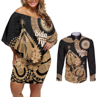 Black Bula Fiji Couples Matching Off Shoulder Short Dress and Long Sleeve Button Shirt Fijian Dance Fan Tapa Cloth Pattern