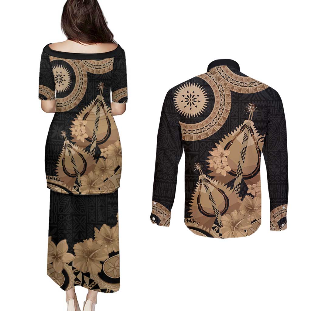 Black Bula Fiji Couples Matching Puletasi and Long Sleeve Button Shirt Fijian Dance Fan Tapa Cloth Pattern