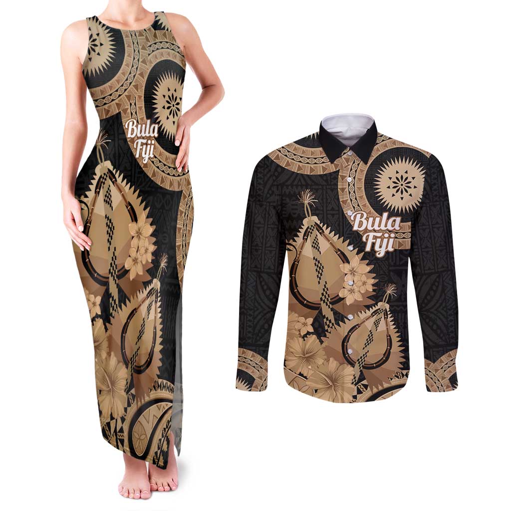 Black Bula Fiji Couples Matching Tank Maxi Dress and Long Sleeve Button Shirt Fijian Dance Fan Tapa Cloth Pattern