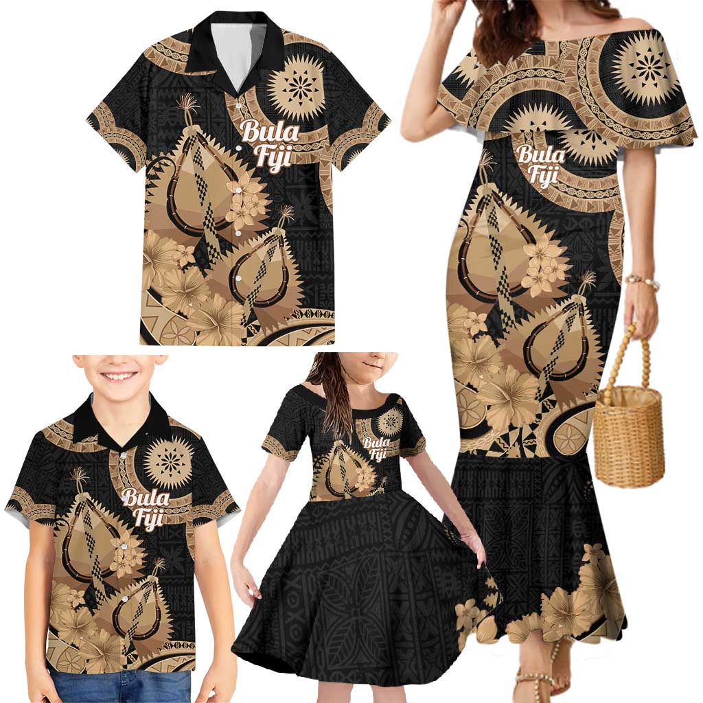 Black Bula Fiji Family Matching Mermaid Dress and Hawaiian Shirt Fijian Dance Fan Tapa Cloth Pattern