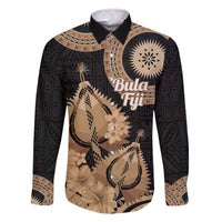 Black Bula Fiji Family Matching Off The Shoulder Long Sleeve Dress and Hawaiian Shirt Fijian Dance Fan Tapa Cloth Pattern