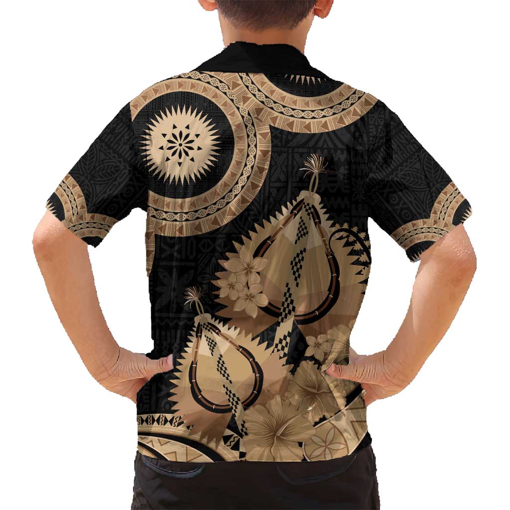 Black Bula Fiji Family Matching Off Shoulder Short Dress and Hawaiian Shirt Fijian Dance Fan Tapa Cloth Pattern