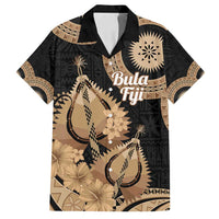 Black Bula Fiji Family Matching Off Shoulder Short Dress and Hawaiian Shirt Fijian Dance Fan Tapa Cloth Pattern