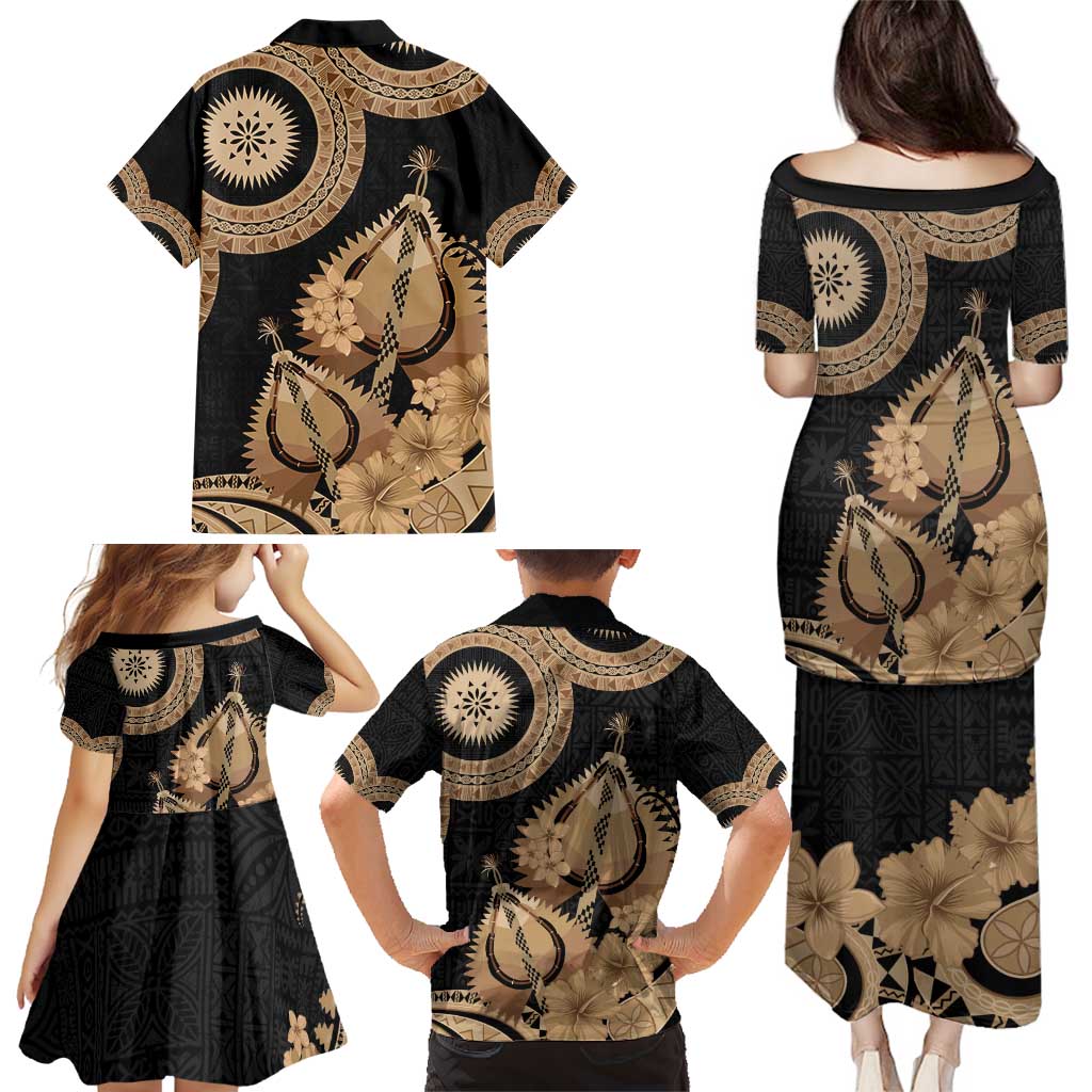 Black Bula Fiji Family Matching Puletasi and Hawaiian Shirt Fijian Dance Fan Tapa Cloth Pattern