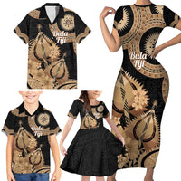 Black Bula Fiji Family Matching Short Sleeve Bodycon Dress and Hawaiian Shirt Fijian Dance Fan Tapa Cloth Pattern