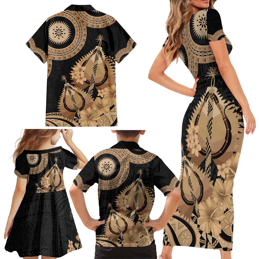 Black Bula Fiji Family Matching Short Sleeve Bodycon Dress and Hawaiian Shirt Fijian Dance Fan Tapa Cloth Pattern