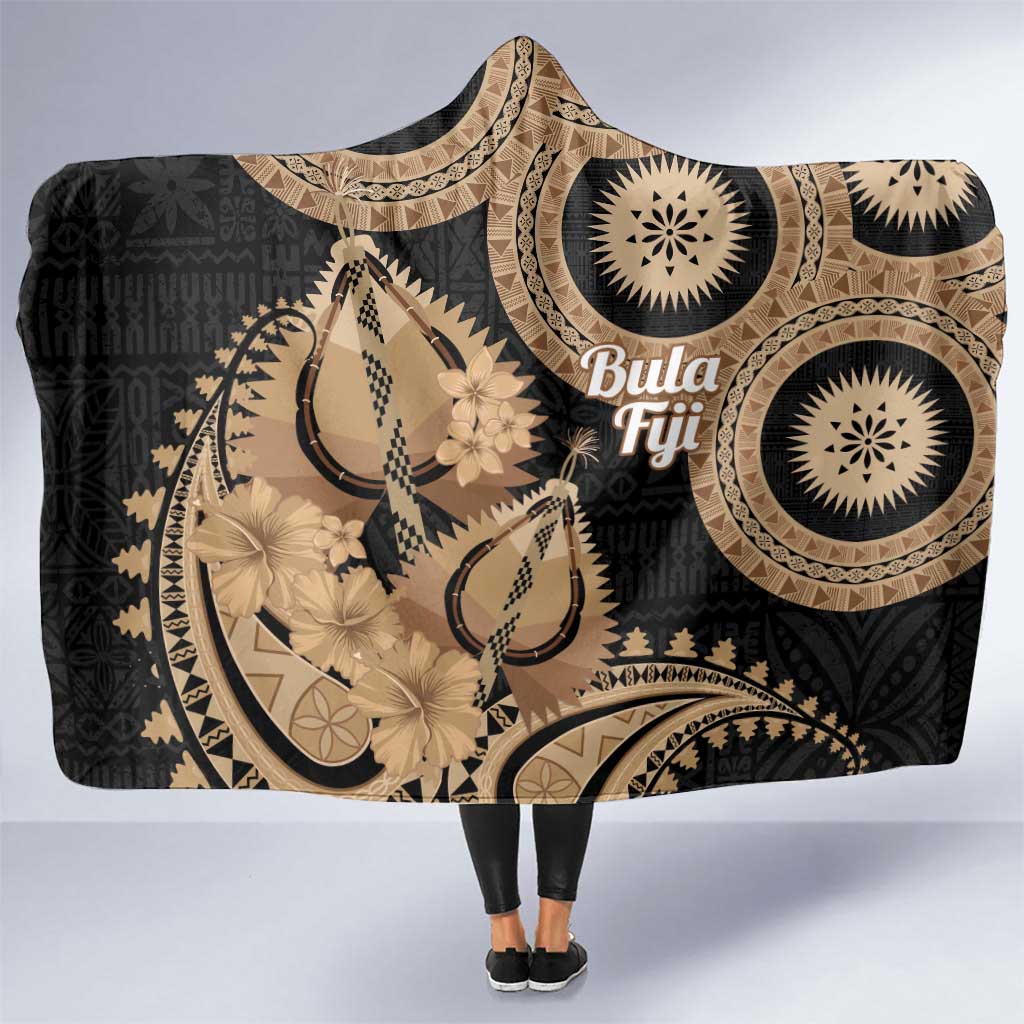 Black Bula Fiji Hooded Blanket Fijian Dance Fan Tapa Cloth Pattern