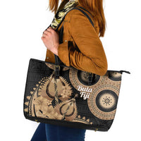 Black Bula Fiji Leather Tote Bag Fijian Dance Fan Tapa Cloth Pattern