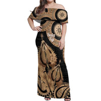 Black Bula Fiji Off Shoulder Maxi Dress Fijian Dance Fan Tapa Cloth Pattern