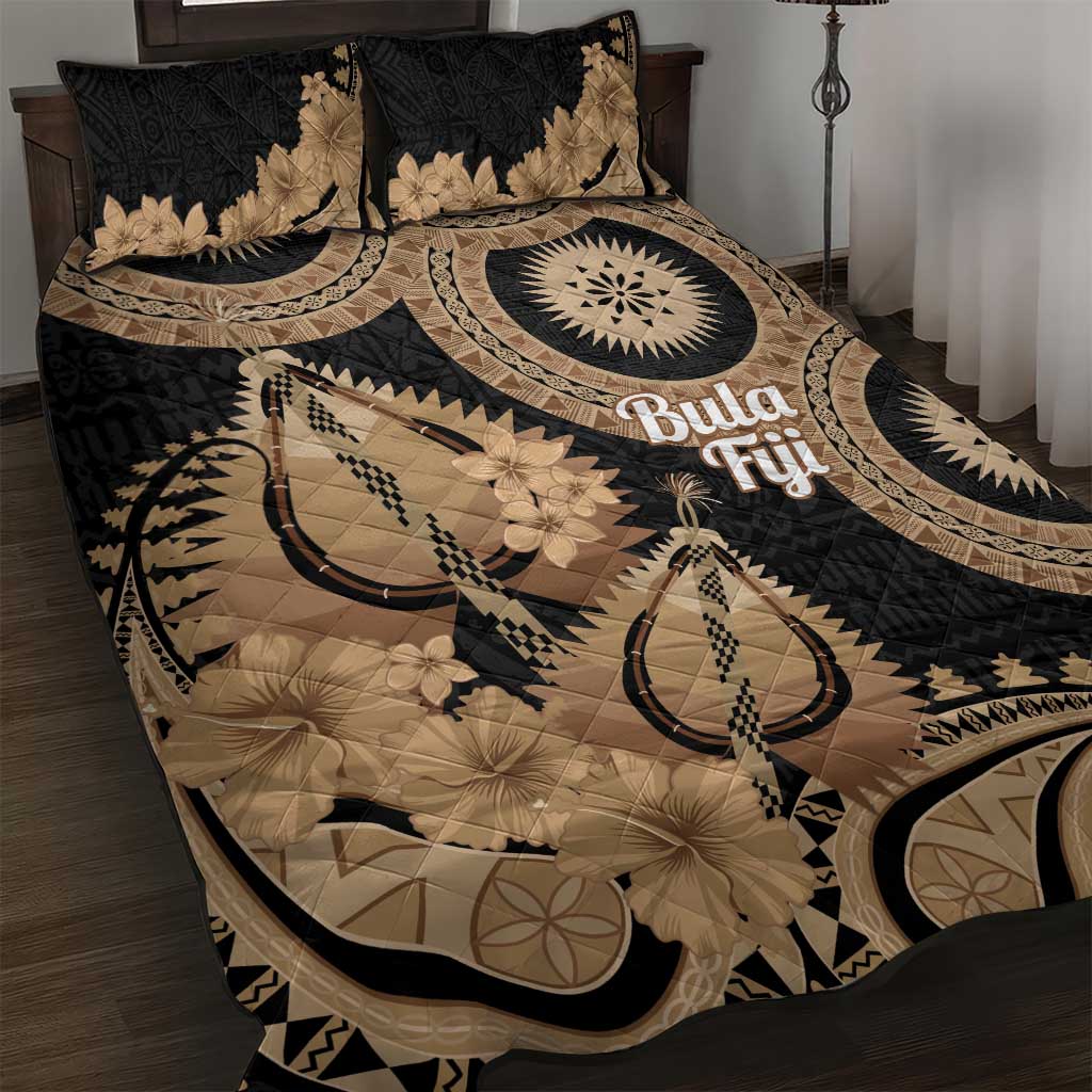 Black Bula Fiji Quilt Bed Set Fijian Dance Fan Tapa Cloth Pattern