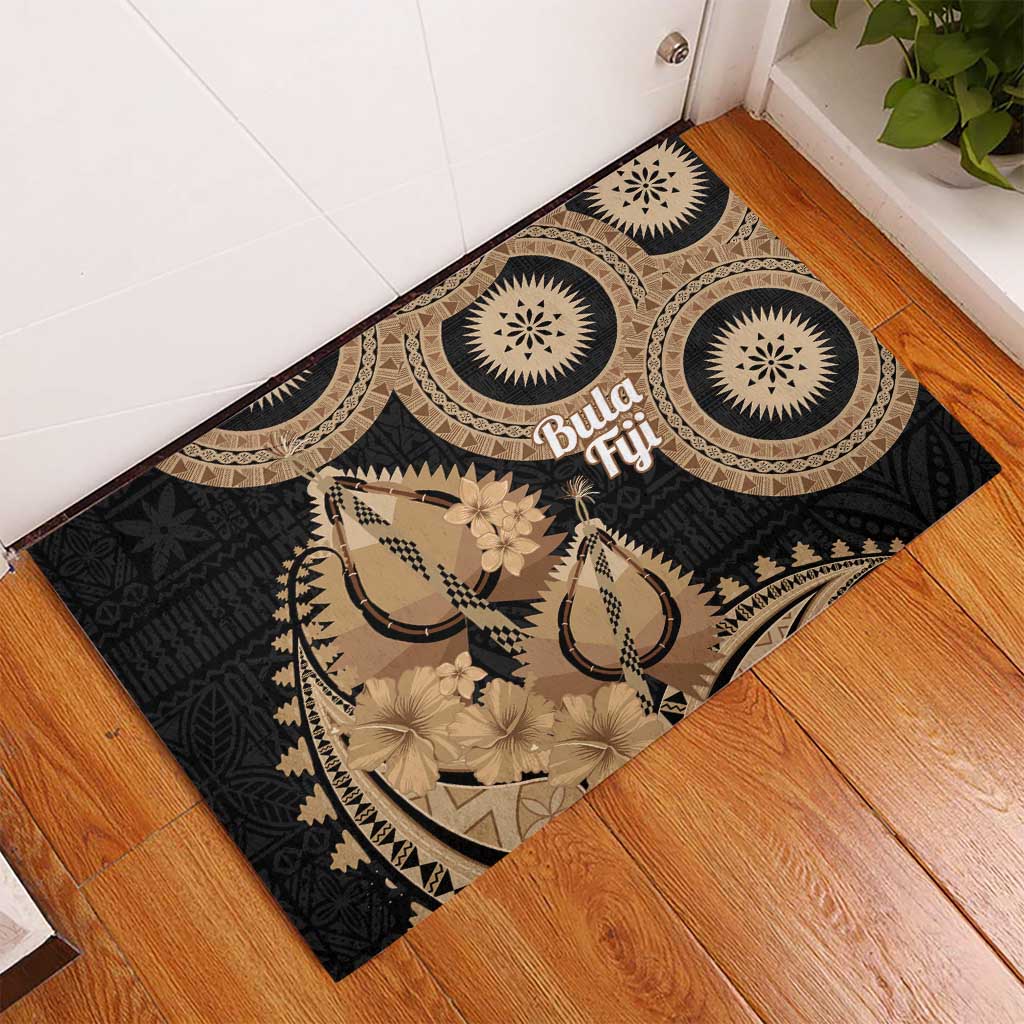 Black Bula Fiji Rubber Doormat Fijian Dance Fan Tapa Cloth Pattern LT14 - Polynesian Pride
