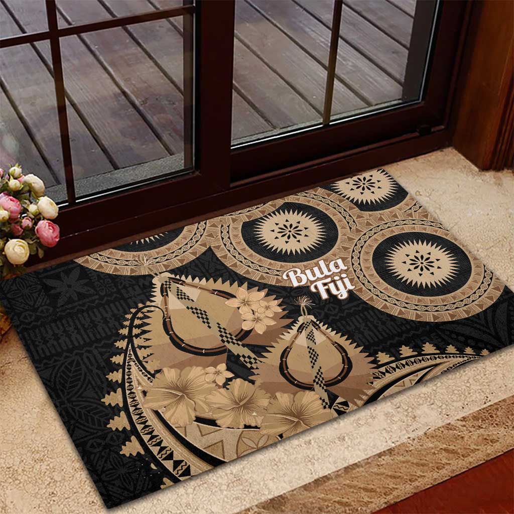 Black Bula Fiji Rubber Doormat Fijian Dance Fan Tapa Cloth Pattern LT14 - Polynesian Pride