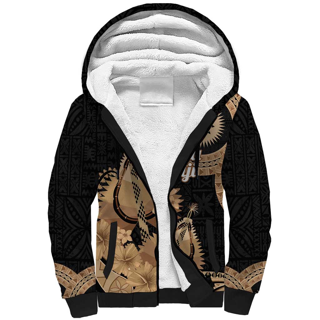 Black Bula Fiji Sherpa Hoodie Fijian Dance Fan Tapa Cloth Pattern