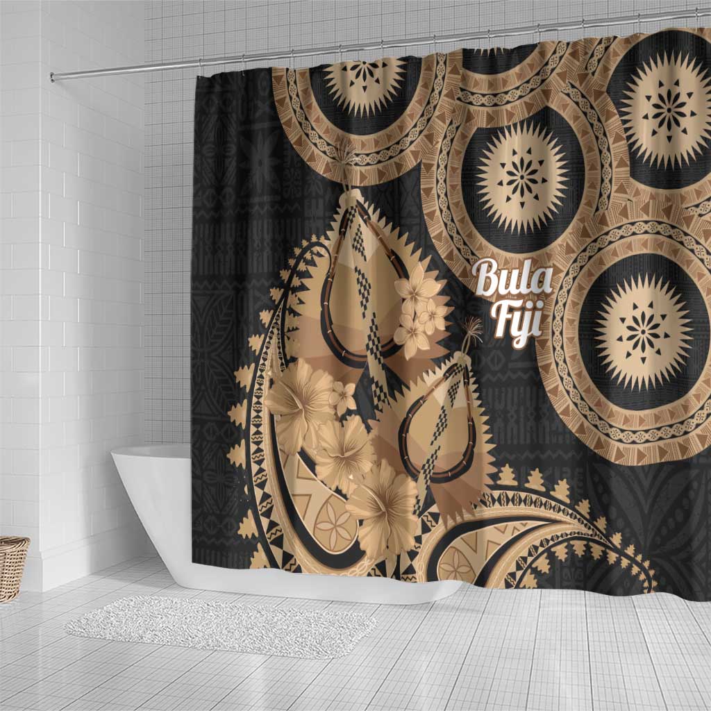Black Bula Fiji Shower Curtain Fijian Dance Fan Tapa Cloth Pattern