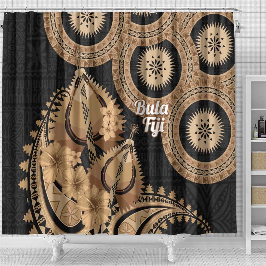 Black Bula Fiji Shower Curtain Fijian Dance Fan Tapa Cloth Pattern