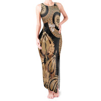 Black Bula Fiji Tank Maxi Dress Fijian Dance Fan Tapa Cloth Pattern