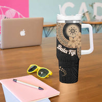 Black Bula Fiji Tumbler With Handle Fijian Dance Fan Tapa Cloth Pattern LT14 - Polynesian Pride