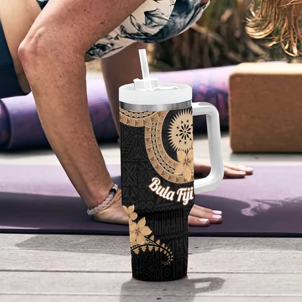 Black Bula Fiji Tumbler With Handle Fijian Dance Fan Tapa Cloth Pattern LT14 - Polynesian Pride