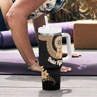 Black Bula Fiji Tumbler With Handle Fijian Dance Fan Tapa Cloth Pattern LT14 - Polynesian Pride