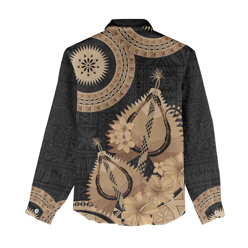 Black Bula Fiji Women Casual Shirt Fijian Dance Fan Tapa Cloth Pattern