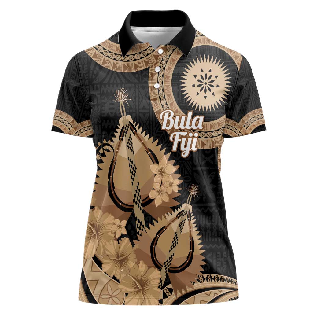 Black Bula Fiji Women Polo Shirt Fijian Dance Fan Tapa Cloth Pattern