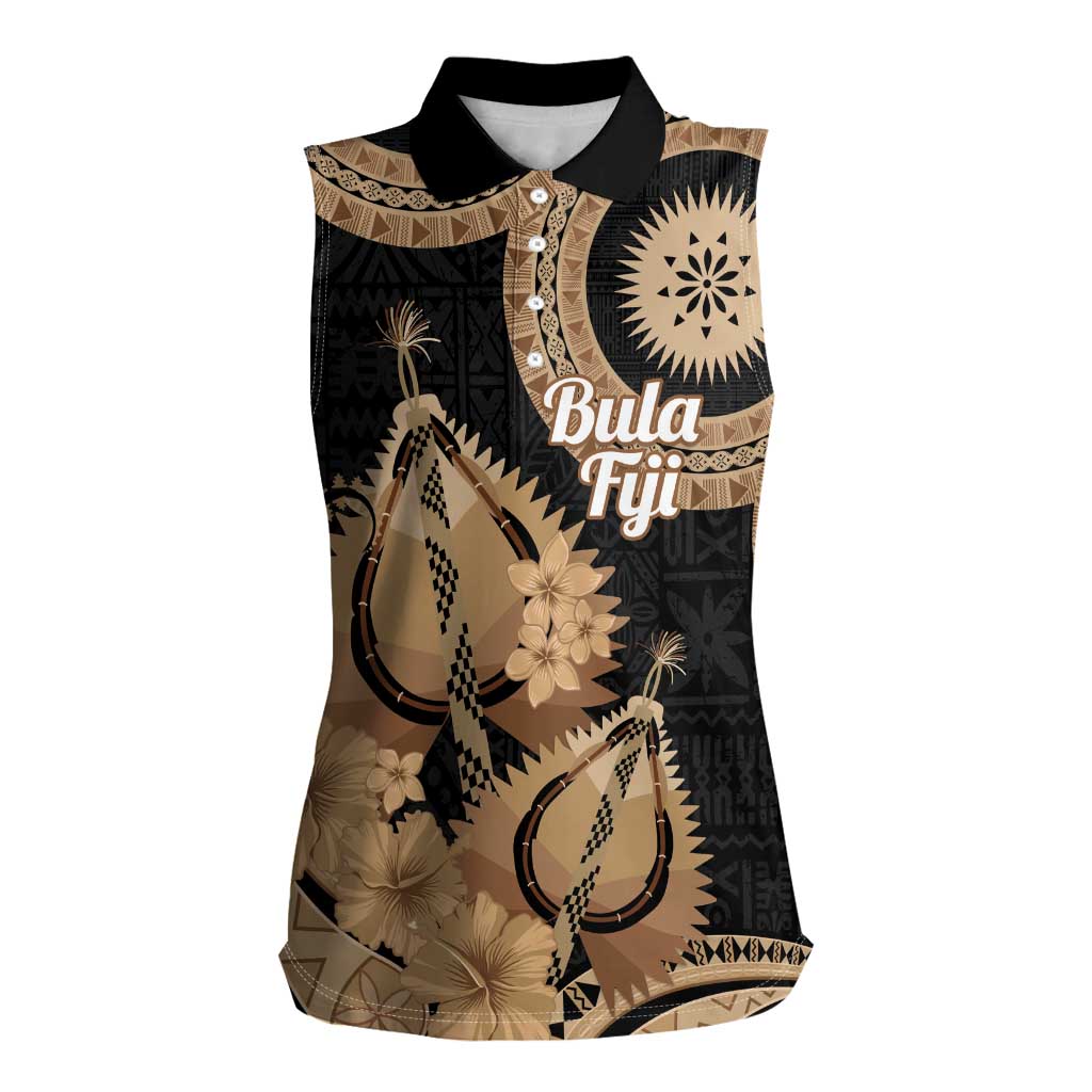 Black Bula Fiji Women Sleeveless Polo Shirt Fijian Dance Fan Tapa Cloth Pattern