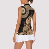 Black Bula Fiji Women Sleeveless Polo Shirt Fijian Dance Fan Tapa Cloth Pattern