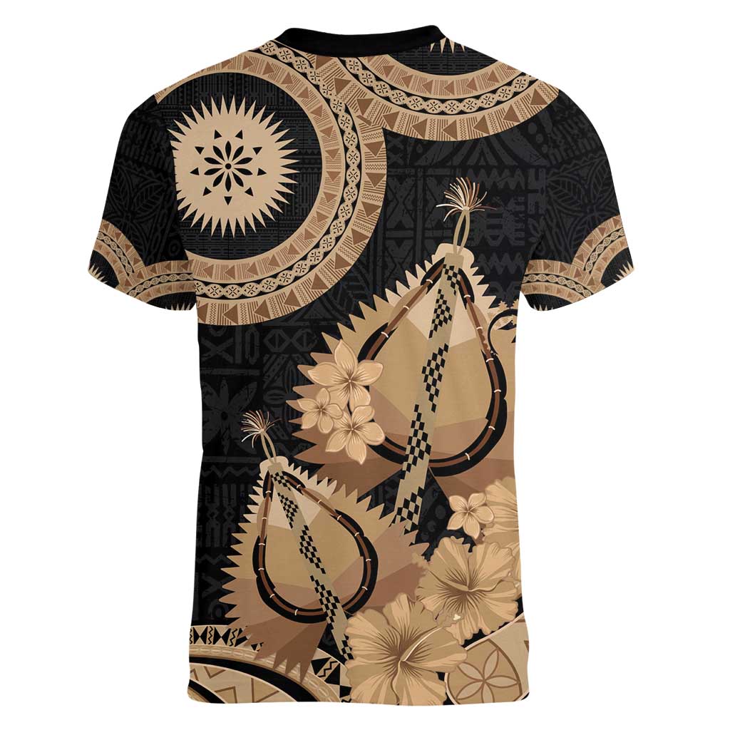 Black Bula Fiji Women V-Neck T-Shirt Fijian Dance Fan Tapa Cloth Pattern