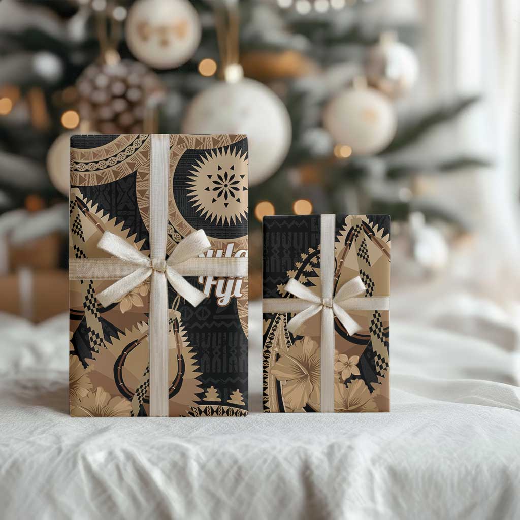 Black Bula Fiji Wrapping Paper Fijian Dance Fan Tapa Cloth Pattern - Polynesian Pride