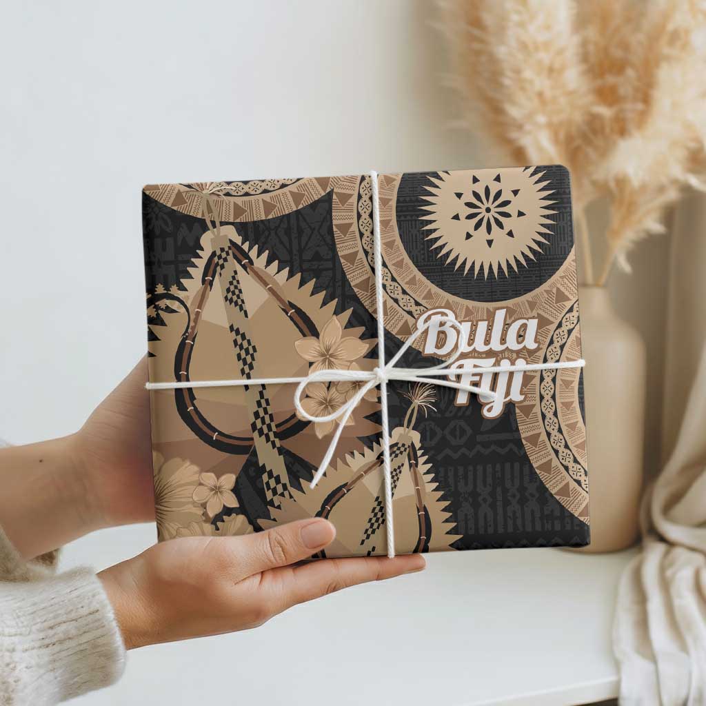 Black Bula Fiji Wrapping Paper Fijian Dance Fan Tapa Cloth Pattern - Polynesian Pride