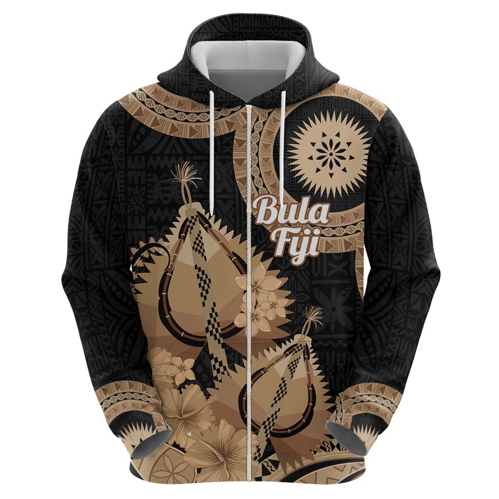 Black Bula Fiji Zip Hoodie Fijian Dance Fan Tapa Cloth Pattern
