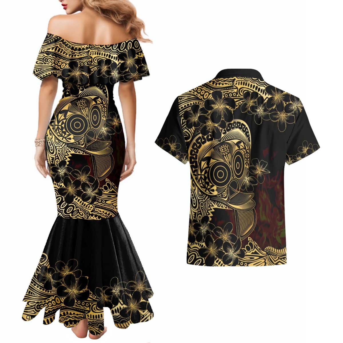 Frangipani Festival Rabaul Couples Matching Mermaid Dress and Hawaiian Shirt PNG Tribal Baining Mask Tattoo - Polynesian Pride