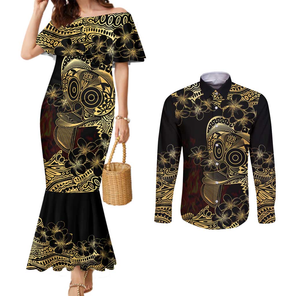 Frangipani Festival Rabaul Couples Matching Mermaid Dress and Long Sleeve Button Shirt PNG Tribal Baining Mask Tattoo - Polynesian Pride