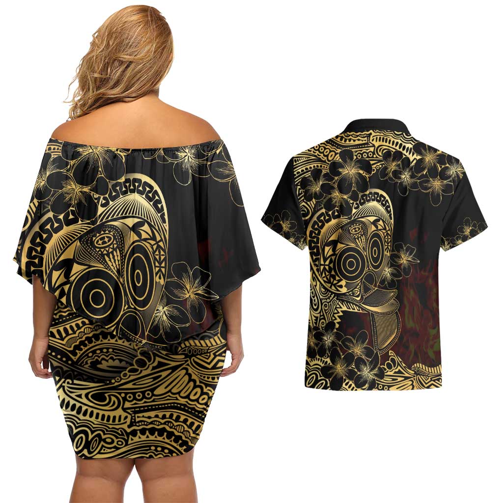 Frangipani Festival Rabaul Couples Matching Off Shoulder Short Dress and Hawaiian Shirt PNG Tribal Baining Mask Tattoo - Polynesian Pride