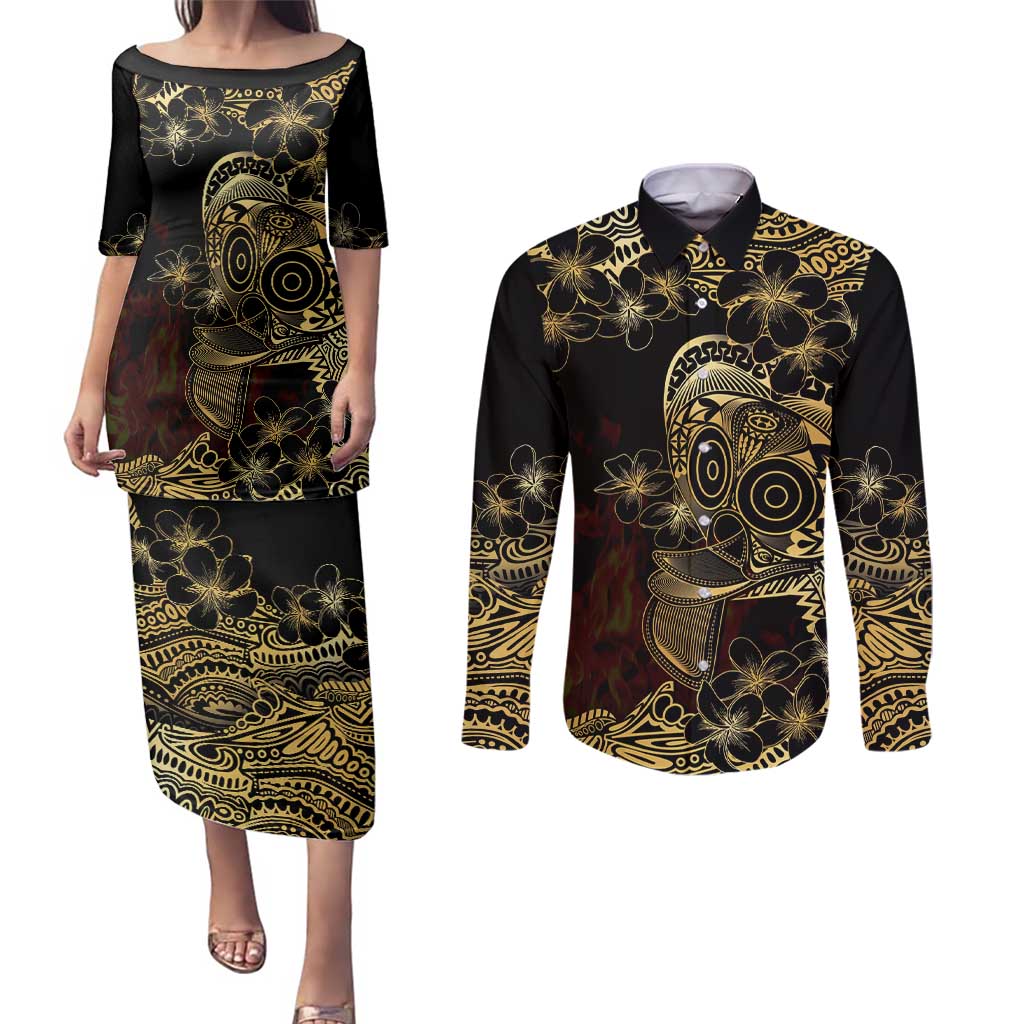 Frangipani Festival Rabaul Couples Matching Puletasi and Long Sleeve Button Shirt PNG Tribal Baining Mask Tattoo - Polynesian Pride