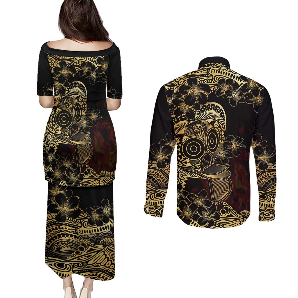 Frangipani Festival Rabaul Couples Matching Puletasi and Long Sleeve Button Shirt PNG Tribal Baining Mask Tattoo - Polynesian Pride
