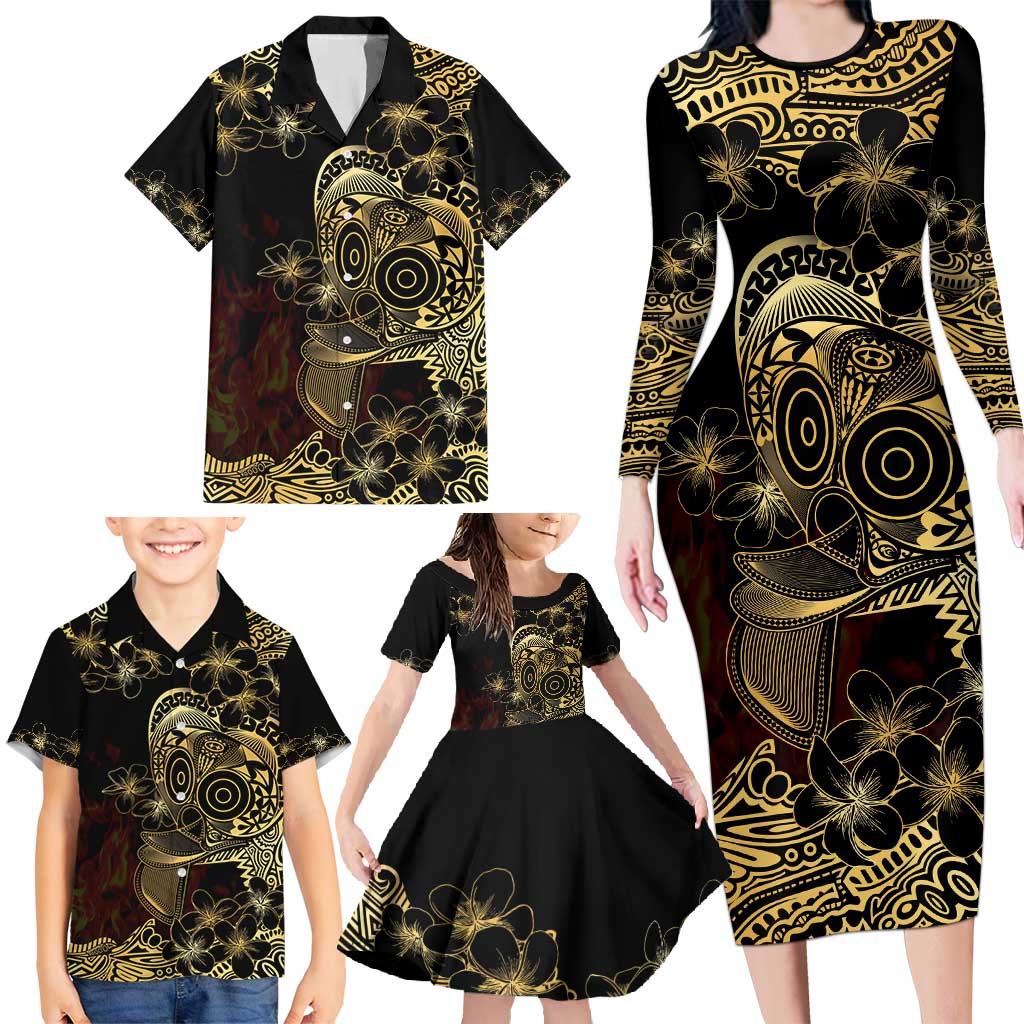 Frangipani Festival Rabaul Family Matching Long Sleeve Bodycon Dress and Hawaiian Shirt PNG Tribal Baining Mask Tattoo - Polynesian Pride