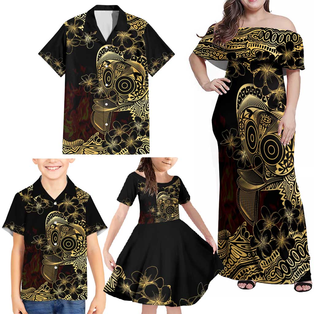Frangipani Festival Rabaul Family Matching Off Shoulder Maxi Dress and Hawaiian Shirt PNG Tribal Baining Mask Tattoo - Polynesian Pride