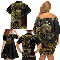 Frangipani Festival Rabaul Family Matching Off Shoulder Short Dress and Hawaiian Shirt PNG Tribal Baining Mask Tattoo - Polynesian Pride