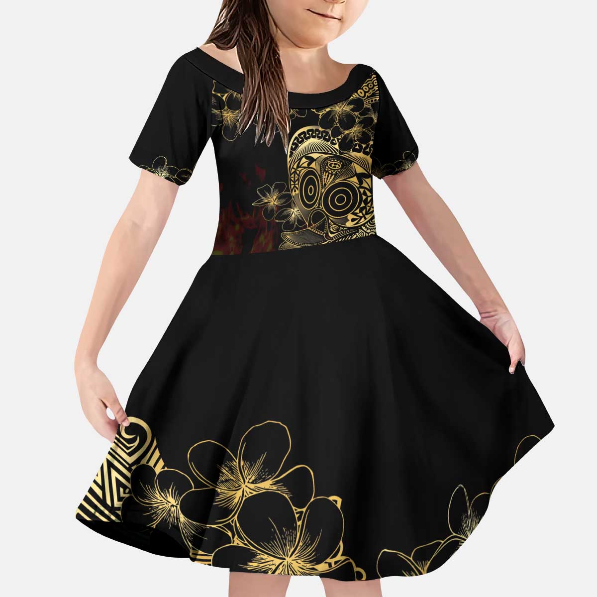 Frangipani Festival Rabaul Kid Short Sleeve Dress PNG Tribal Baining Mask Tattoo - Polynesian Pride