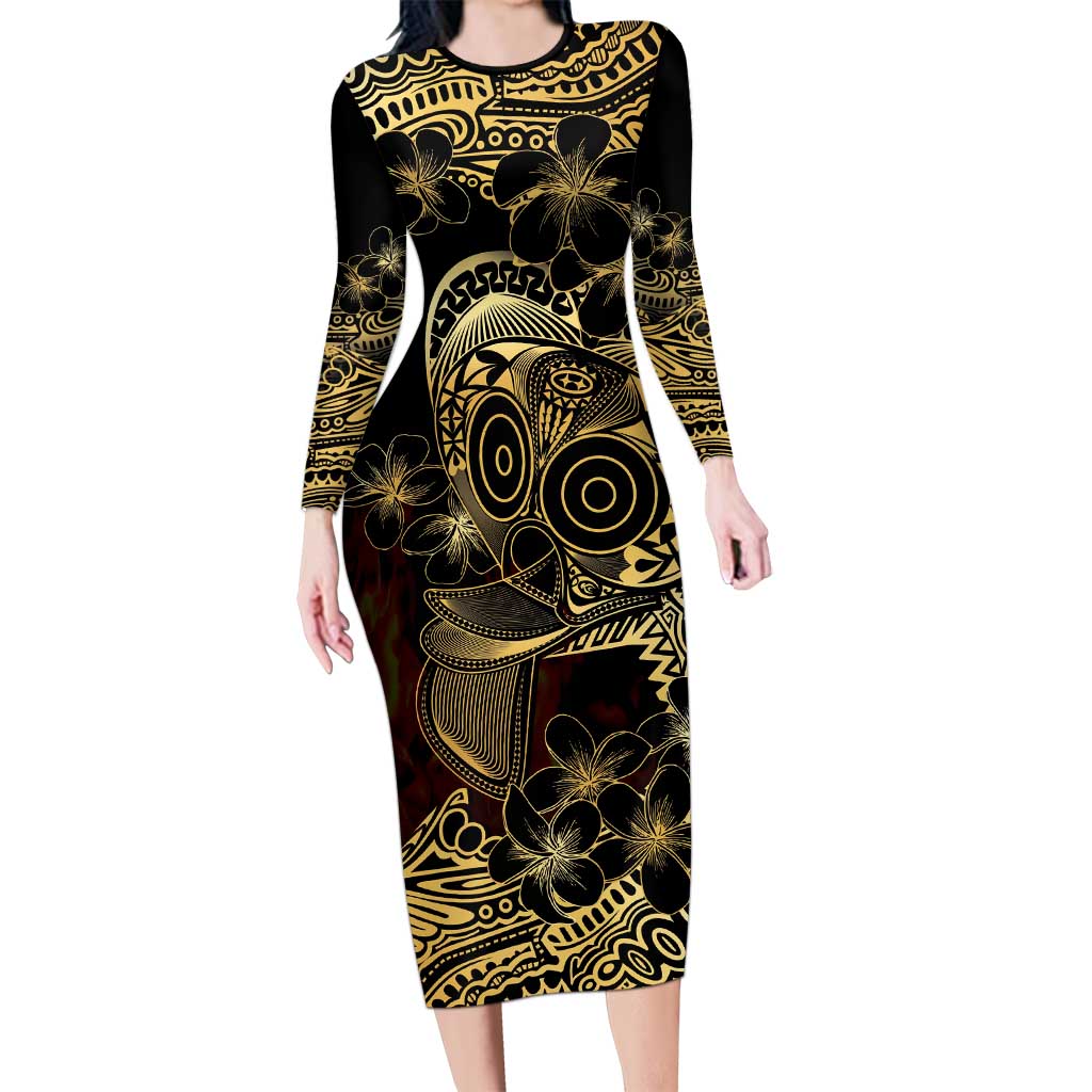 Frangipani Festival Rabaul Long Sleeve Bodycon Dress PNG Tribal Baining Mask Tattoo - Polynesian Pride