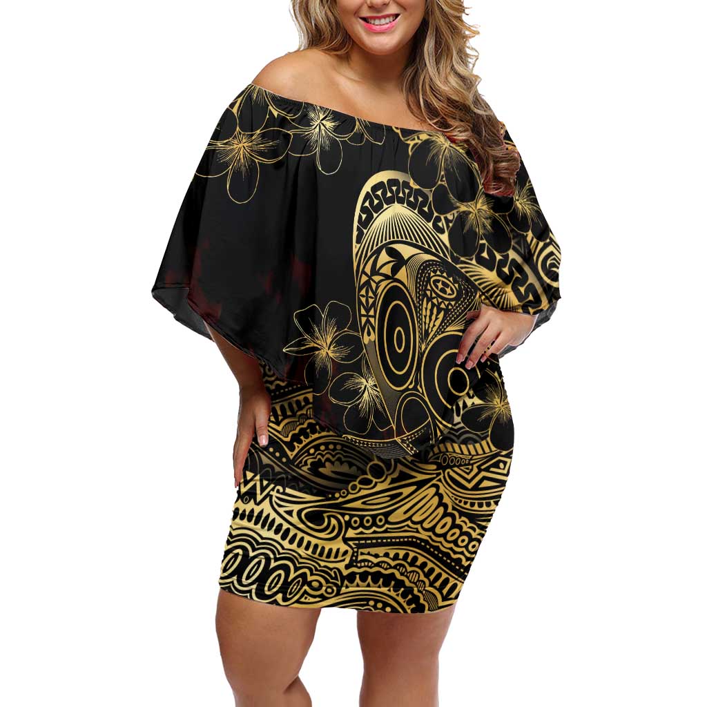 Frangipani Festival Rabaul Off Shoulder Short Dress PNG Tribal Baining Mask Tattoo - Polynesian Pride